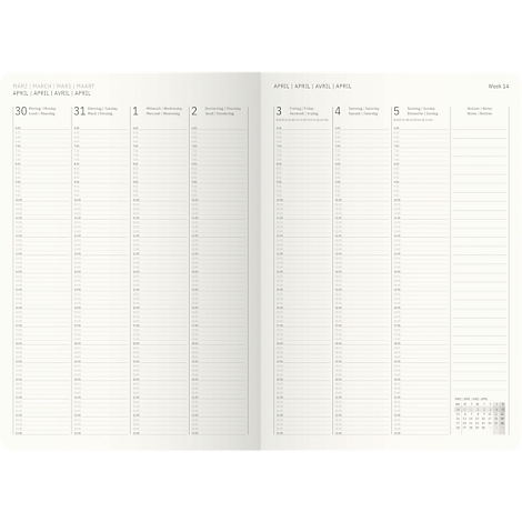 Double page ouverte d'un agenda hebdomadaire. La page de gauche montre les dates du 30 et 31 avril. Sur le côté droit les dates du 3, 4 et 5 avril.