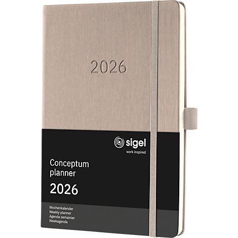 Agenda Conceptum beige 2026 avec bande élastique et boucle pour stylo. L'inscription "2026" est en relief.