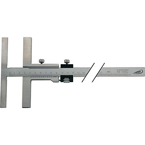 A silver metal depth gauge with scale and adjustment wheels. The gauge is designed for depth measurement.