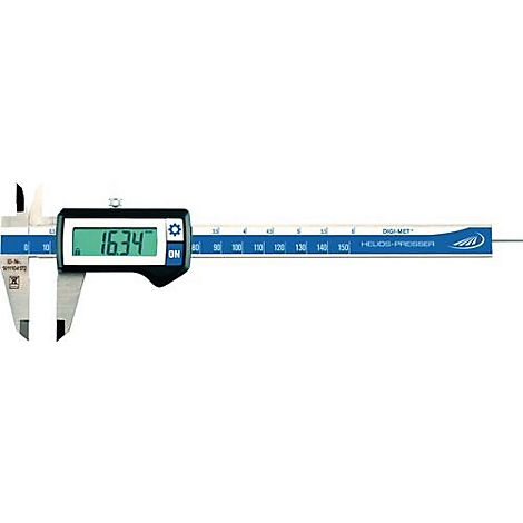 Digital calipers showing 16.34 mm. With a blue stripe, mm scale and logo.