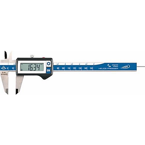 A digital caliper displaying 16.34 mm.