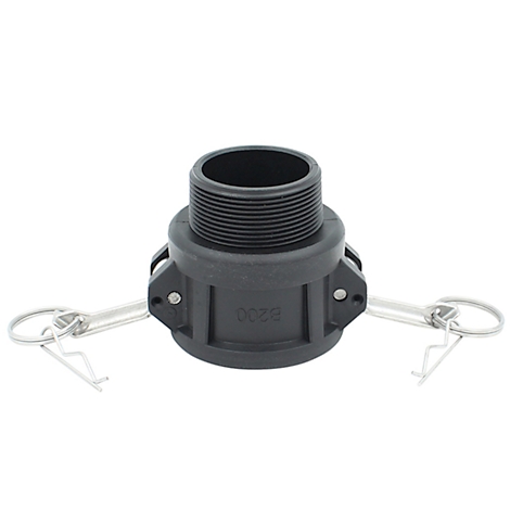 Zwarte schroefdraad koppelingsadapter met metalen clips en veiligheidssluiting. Opschrift: B200.