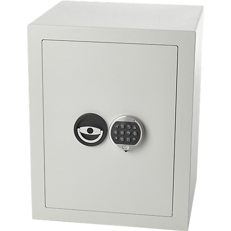 A gray safe with a rotary knob and numeric keypad. The safe stands in front of a neutral background.