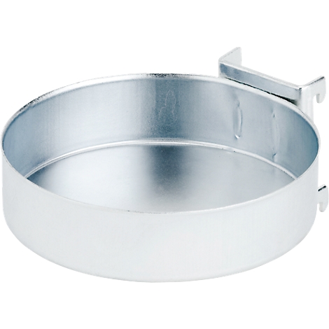 Round, silver-colored bowl with mounting device for installation.