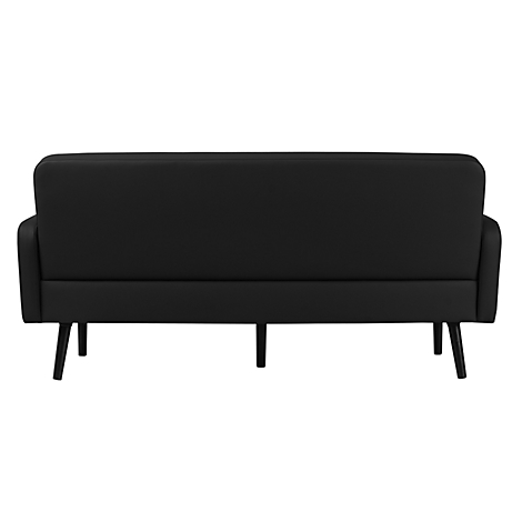 Canapé noir avec quatre pieds noirs fins. Dossier et accoudoirs rembourrés.
