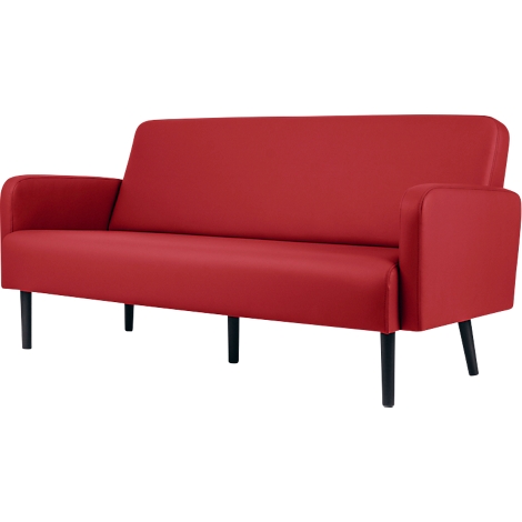Canapé rouge avec pieds noirs sur fond blanc.