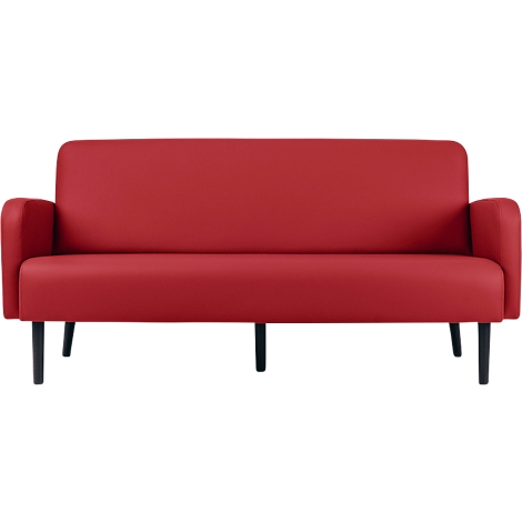 Canapé rouge avec pieds noirs. Design simple.