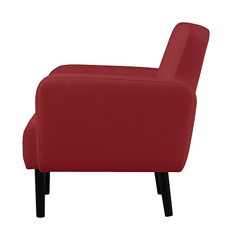 Un fauteuil rouge de côté, pieds noirs, sur fond blanc.