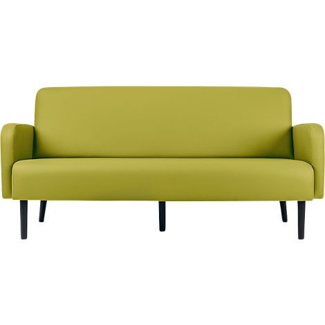 Canapé vert clair avec cadre noir, devant un fond blanc. Forme arrondie. Style moderne.