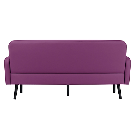 Vue arrière d'un canapé violet avec des pieds noirs.