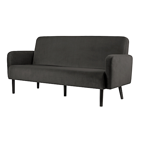 Canapé gris foncé avec pieds noirs, sans coussins, sur fond blanc.