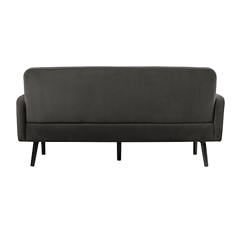 Canapé gris foncé vu de dos, velouté, sur de fines jambes noires.