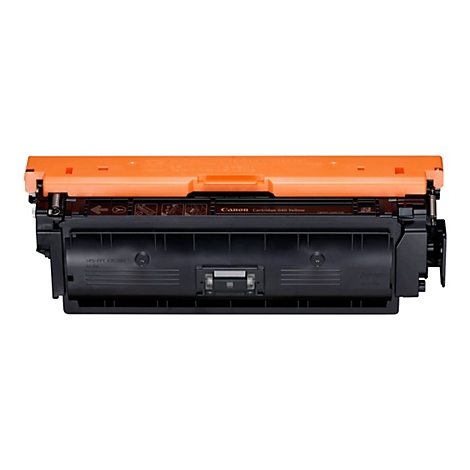 Eine Canon Tonerkartusche, orange-schwarz. Aufschrift: Canon Cartridge 324 Yellow.