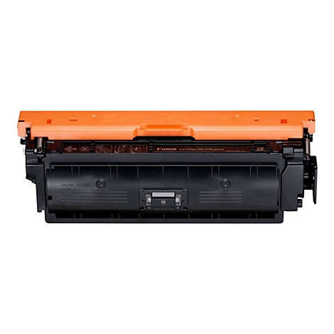 Eine schwarze Canon-Tonerkartusche mit orangefarbenem Deckel. Aufschrift Canon und Produktinformationen.