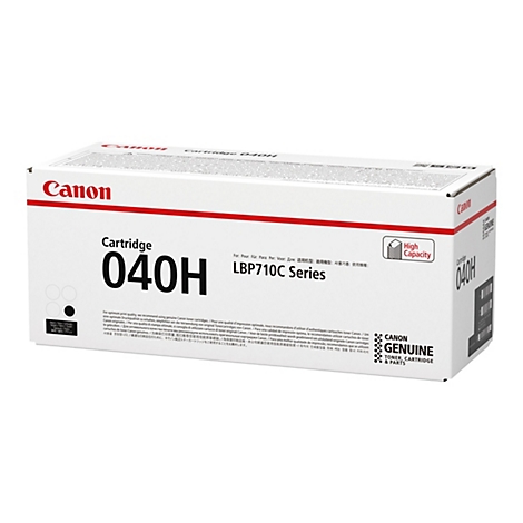 Canon-Druckerpatrone 040H. WeiÃŸe Schachtel mit roter Schrift. Aufdrucke: Canon, Cartridge, 040H und LBP710C Series.