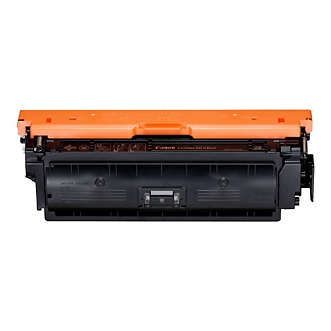 Eine Tintenpatrone, hauptsÃ¤chlich schwarz mit einem orangefarbenen Teil. Der Markenname Canon ist auf der Patrone abgebildet.