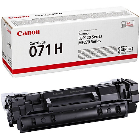 Schwarz-weiße Canon-Druckerpatrone und -Verpackung. Auf der Verpackung steht "Cartridge 071 H", "Canon" und weitere Informationen.