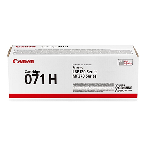 Eine Canon-Tonerkartusche, weiß, mit rotem Streifen. Aufschrift: Cartridge 071 H, Canon, i-SENSYS LBP120/MF270 Series. 