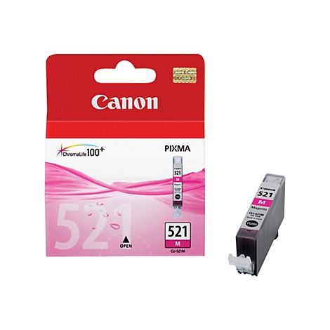 Magenta Tintenpatrone und Verpackung von Canon. Die Verpackung ist rot und zeigt das Canon-Logo, Modell 521 M.