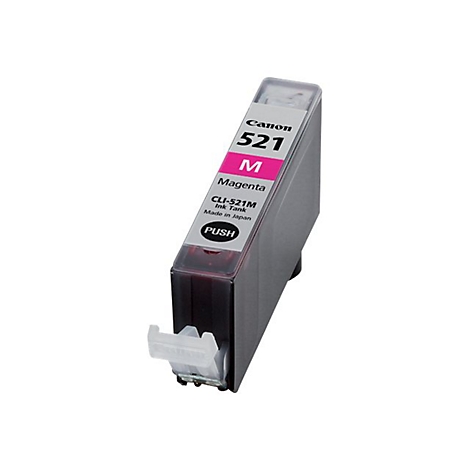 Eine Canon Tintenpatrone in Magenta. Aufschrift: Canon 521 M, CLI-521M, Push.