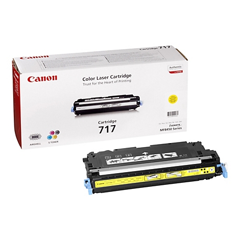 Ein Bild zeigt eine Canon Cartridge 717 Tonerkartusche und ihre Verpackung. Die Verpackung ist überwiegend weiß mit roten und schwarzen Akzenten und dem Canon-Logo. Die Kartusche ist schwarz mit gelben und blauen Akzenten.