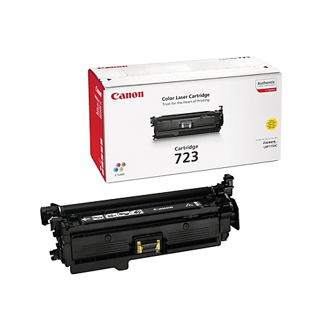 Ein schwarzer Canon 723 Toner-Cartridge mit Verpackung auf weißem Hintergrund.