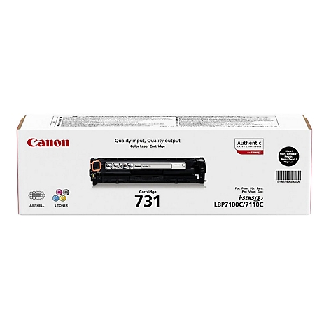 Une boÃ®te blanche Canon avec une cartouche de toner noire. La boÃ®te indique Canon, 731 et d'autres informations.