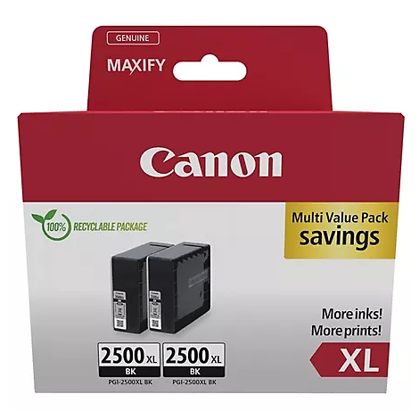 Emballage avec deux cartouches d'encre noire de la marque Canon Maxify. Inscriptions : '2500 XL', 'Plus d'encre ! Plus d'impressions !'