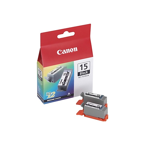 Produktabbildung: Zwei Canon-Druckerpatronen vor einer rot-weiß-schwarzen Verpackung. Auf der Packung steht "Canon 15 Black".