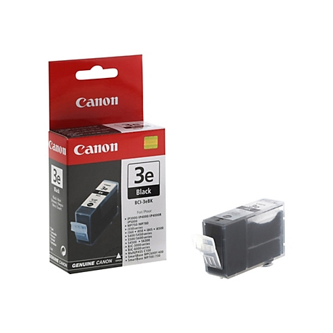 Schwarze Canon Tintenpatrone. Die Verpackung zeigt den Namen Canon und die Bezeichnung 3e Black.