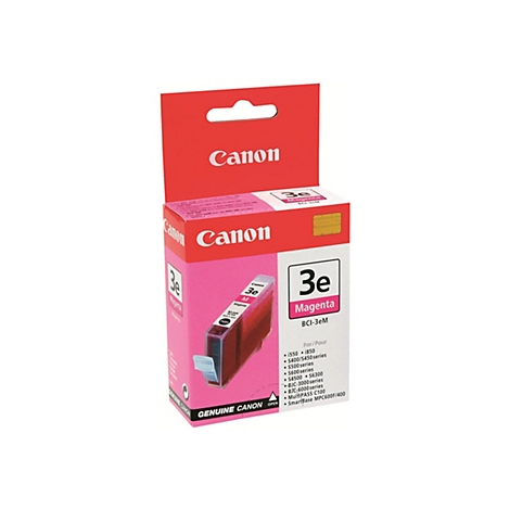 Eine Packung Canon-Druckerpatronen, die 'Magenta' und '3e' anzeigt. Der Hintergrund ist weiß.