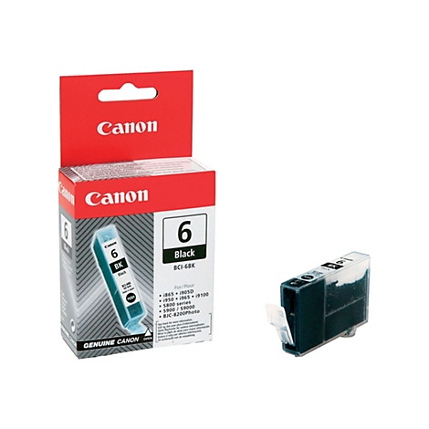 Canon Tintenpatrone mit Aufschrift 6 Black BCI-6BK und eine einzelne Patrone daneben.