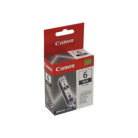 Eine Tintenpatrone von Canon, schwarz, mit der Bezeichnung 6. Die Verpackung hat einen roten oberen Teil und einen grauen Karton.