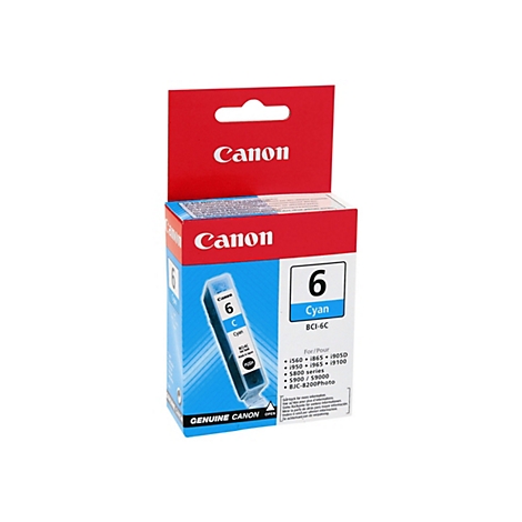 Eine Canon Tintenpatrone, Packung in Rot und Blau mit Text "6 Cyan" und Modellen. Aufdruck "Genuine Canon".