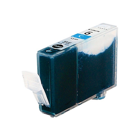 Eine Canon Tintenpatrone, gefüllt mit cyanfarbener Tinte. Auf der Patrone sind Schriftzüge und eine weiße Lasche zu sehen.