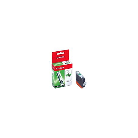 Eine grÃ¼ne Canon-Tintenpatrone und ihre Verpackung stehen auf weiÃŸem Grund.