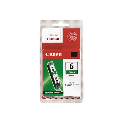 Grüne Canon-Tintenpatrone in Blisterverpackung. Aufgedruckter Text: Canon, 6, Green, BCI-6G.