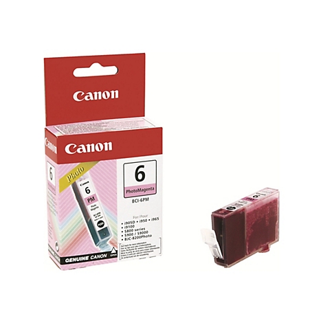 Eine Canon-Tintenpatrone PhotoMagenta BCI-6PM in geöffneter roter Verpackung und daneben die Patrone selbst.