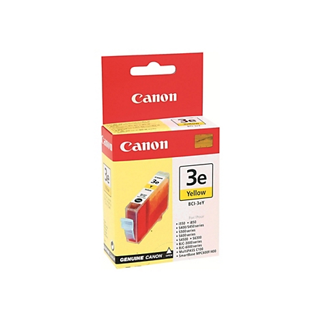 Gelbe Canon Tintenpatrone BCI-3eY in roter und gelber Verpackung. Aufdruck: Canon, 3e, Yellow, BCI-3eY. Auflistung kompatibler Drucker.