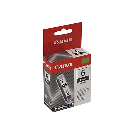 Eine Canon-Tintenpatrone, schwarz, auf roter Verpackung mit Schriftzug 'Canon' und der Aufschrift 'Black 6 BCI-6BK'.