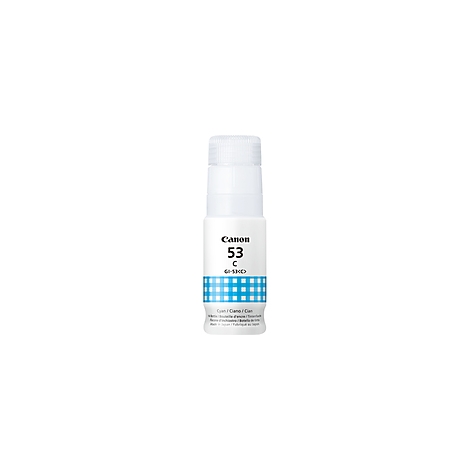 Un flacon d'encre blanc avec un motif à carreaux bleu. On peut lire Canon 53 C. Sous le flacon est écrit en bleu « Cyan ».