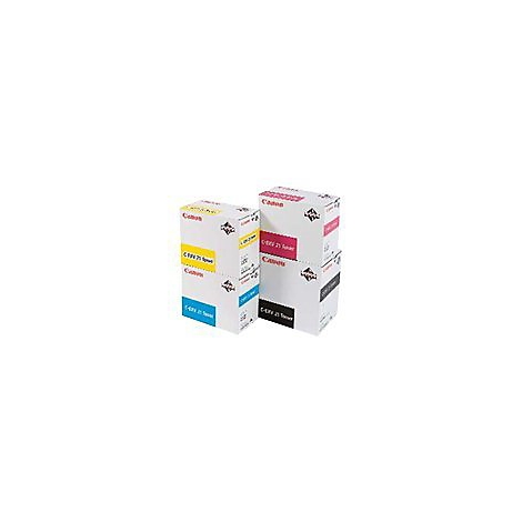 Drei Canon Tintenpatronen-Boxen, mit farbigen Aufdrucken, stehen gestapelt. Die Farben sind: Gelb, Cyan, Magenta und Schwarz.