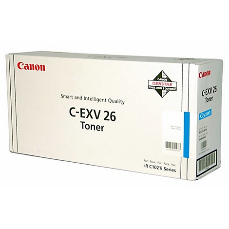 Eine weiÃŸe Toner-Box von Canon mit Schriftzug 'C-EXV 26 Toner' und dem Wort 'Cyan'.