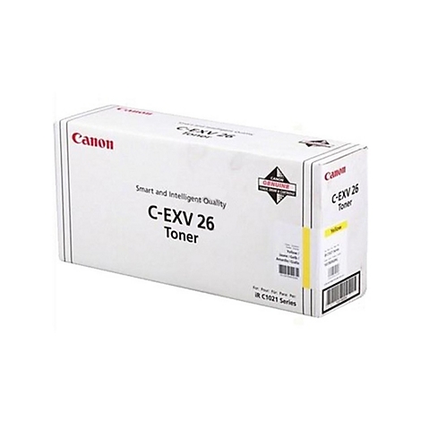 Eine weiÃŸe Canon-Tonerkartusche, C-EXV 26, mit gelber Markierung und Barcode.