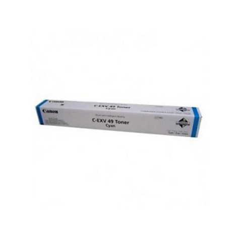 Une cartouche de toner cyan Canon C-EXV 49 dans un emballage blanc avec des accents bleus.