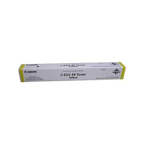 Toner Canon jaune, Ã©tiquetÃ© C-EXV 49 Toner. Sur fond blanc, avec des touches de jaune.
