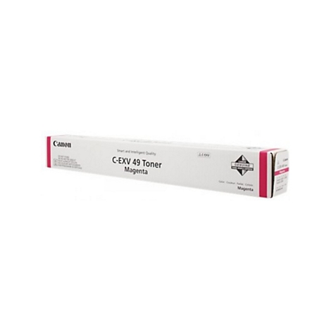 Une cartouche de toner Canon blanche avec des accents roses et les mots C-EXV 49 Toner Magenta.