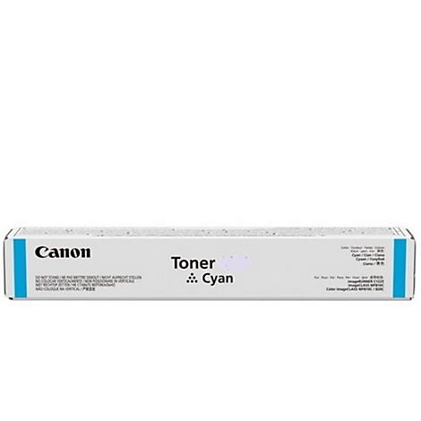 Une cartouche de toner Canon en cyan, sur fond blanc, avec l'Ã©tiquette Toner Cyan.