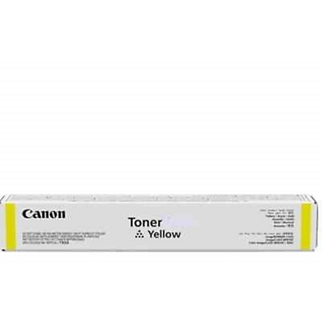 Une cartouche de toner jaune dans une boÃ®te blanche. On peut lire Canon et Toner Jaune.