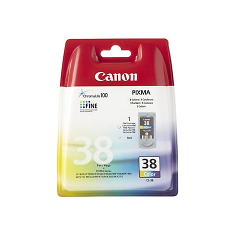 Verpackung einer Canon 38 Color Tintenpatrone, Rot und Weiß, Produktbezeichnung und Logos.